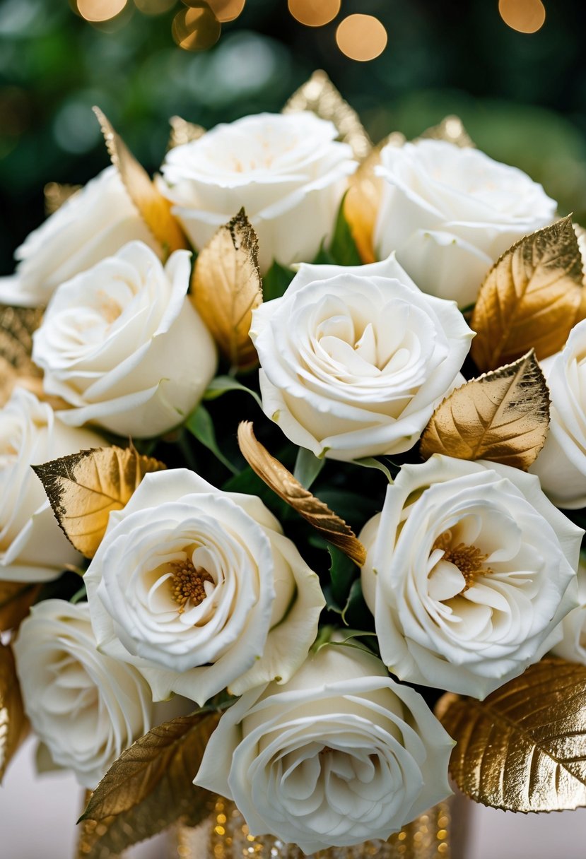 A bouquet of white roses intertwined with shimmering gold leaves