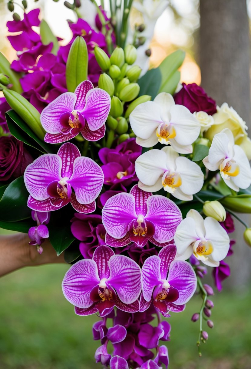 A vibrant bouquet of mixed orchids and roses arranged in a cascading style, perfect for a wedding celebration