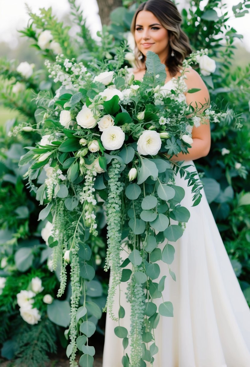 A lush, cascading bouquet of soft sage green foliage and delicate white blooms