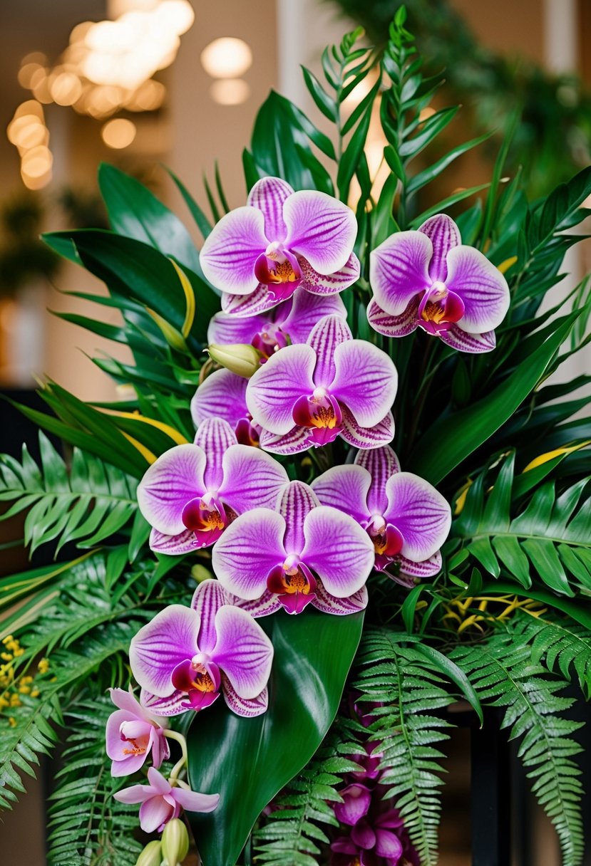 A lush bouquet of tropical orchids and ferns, arranged in a cascading design, with vibrant colors and delicate textures