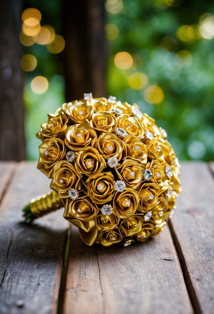 A golden wedding bouquet adorned with jewel pins rests on a rustic wooden table