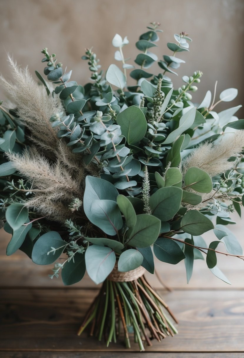 A bouquet of dusty miller and seeded eucalyptus in shades of sage green, arranged in a loose and natural style