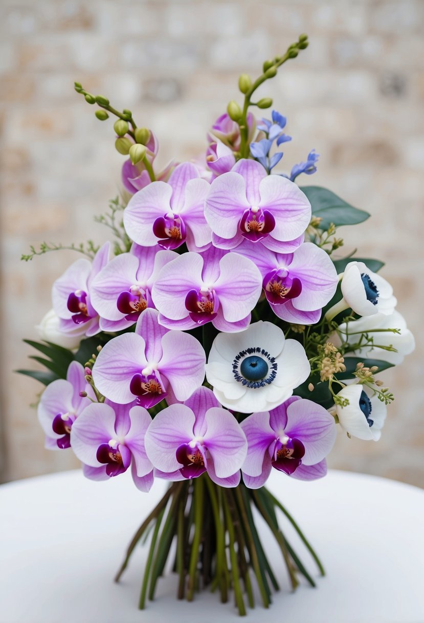 A delicate bouquet of orchids and anemones, arranged in a simple yet elegant combination, with the vibrant colors and soft petals creating a stunning wedding bouquet