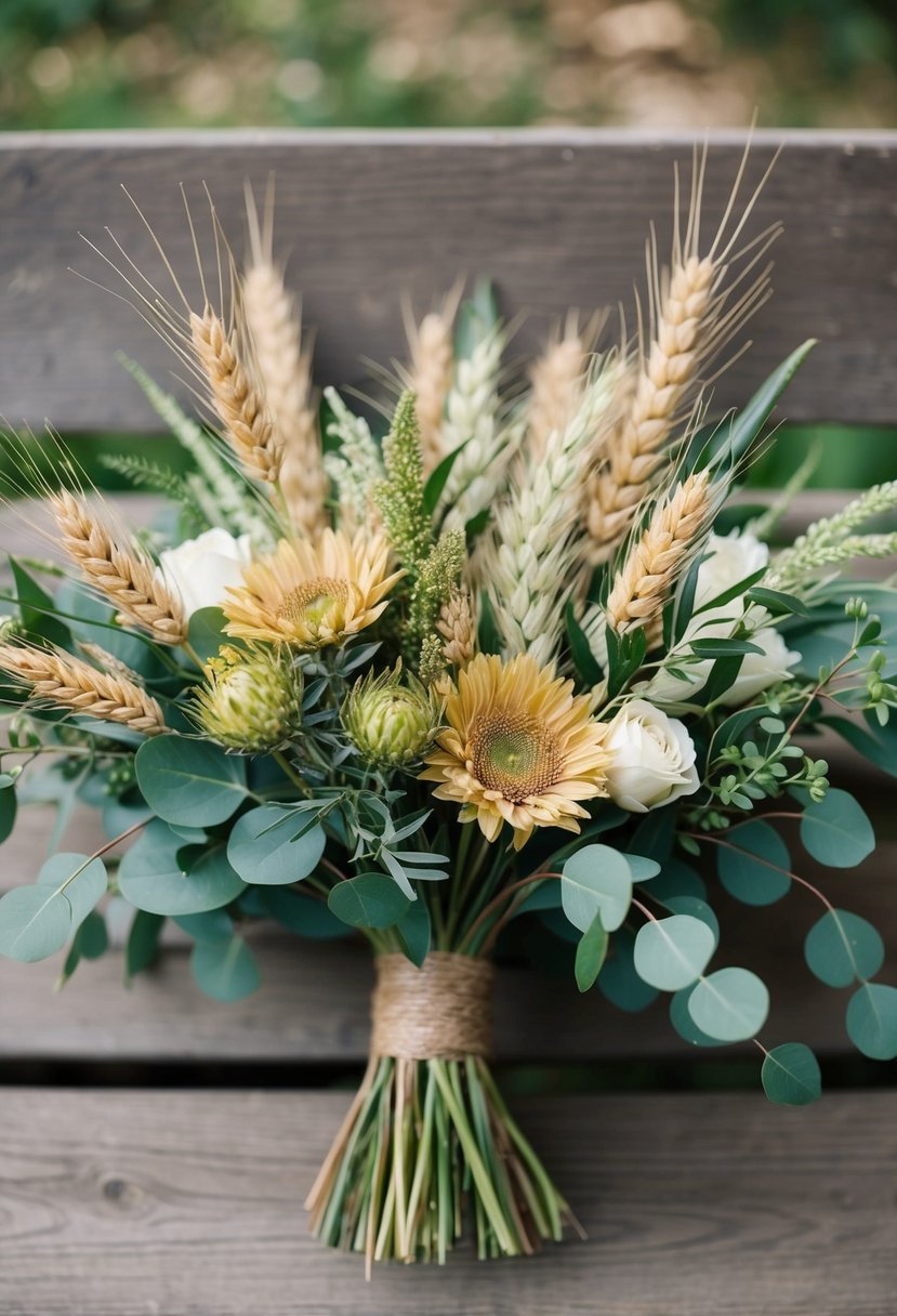 A rustic wedding bouquet of wheat gold flowers and greenery arranged in a natural, organic style