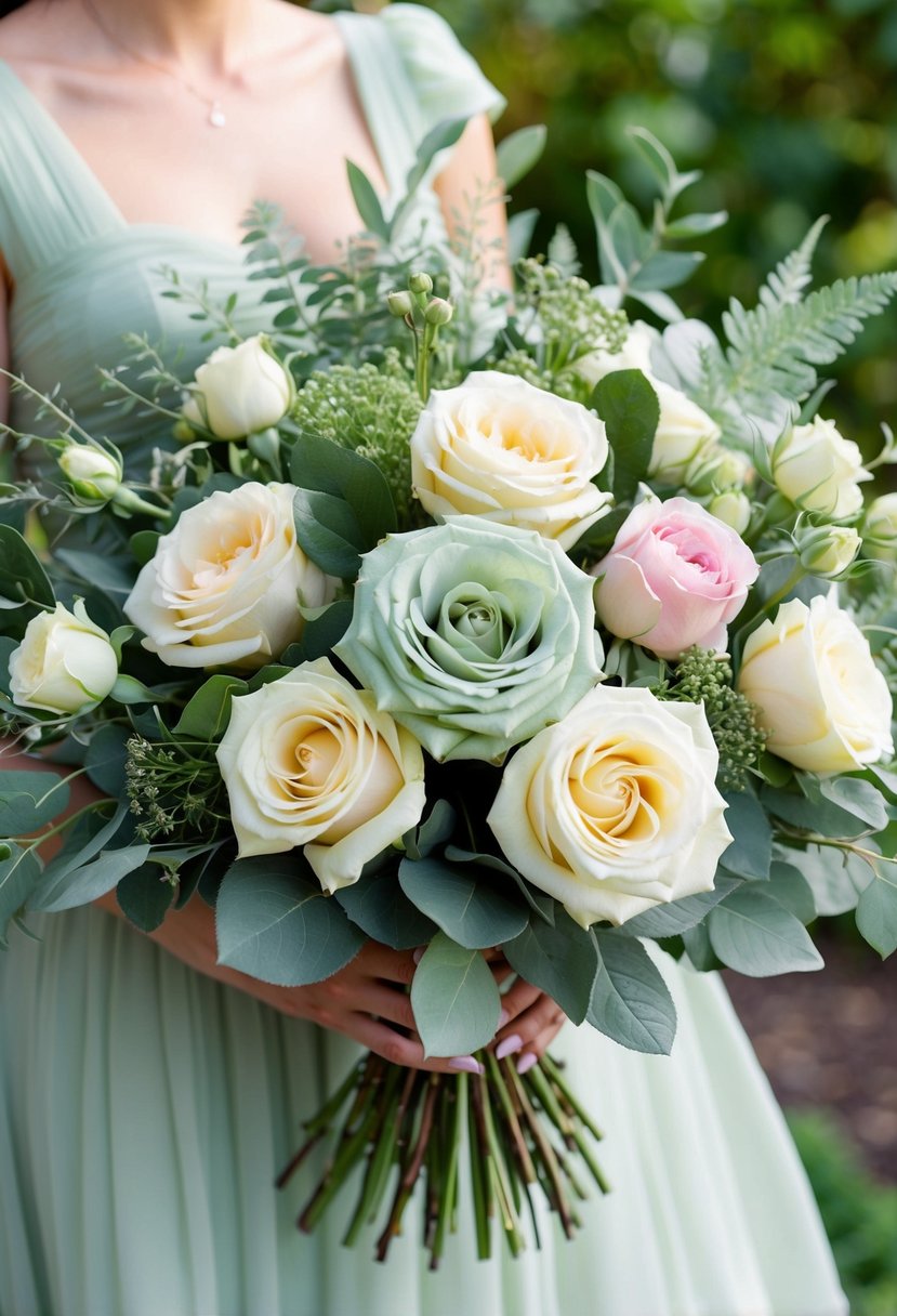 A lush bouquet of garden roses and cremons in shades of sage green, accented with delicate foliage, arranged in a romantic and elegant style