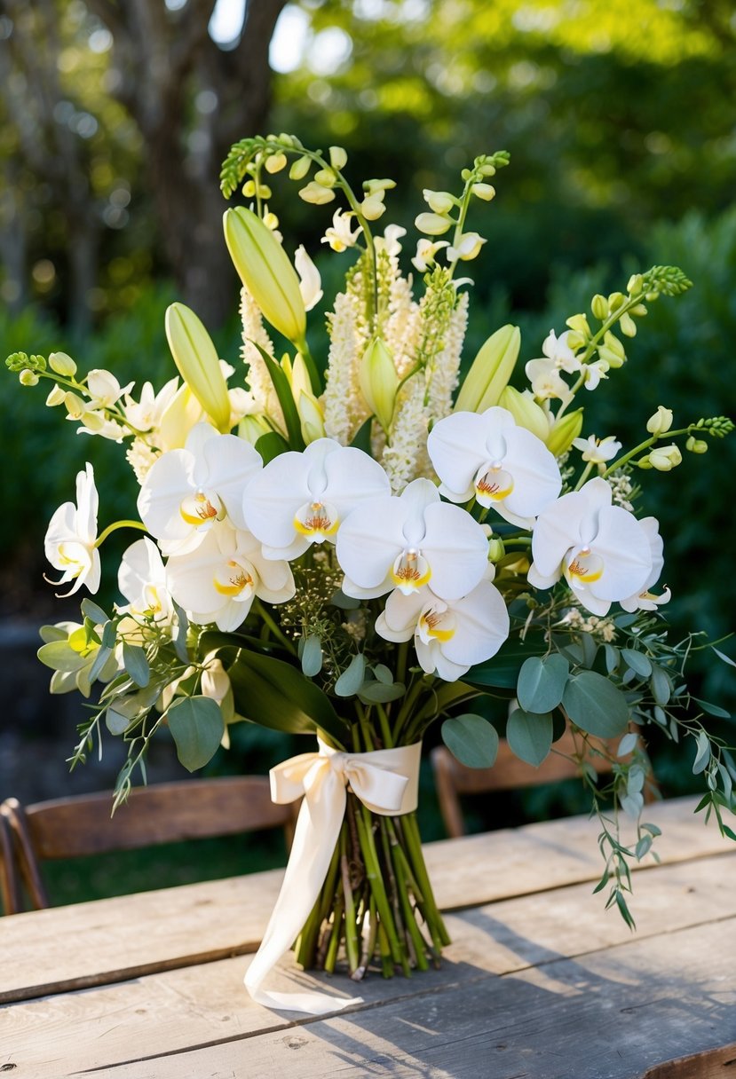 A rustic wooden table adorned with a lush bouquet of vintage orchids and lilies, accented with delicate greenery and tied with a silk ribbon