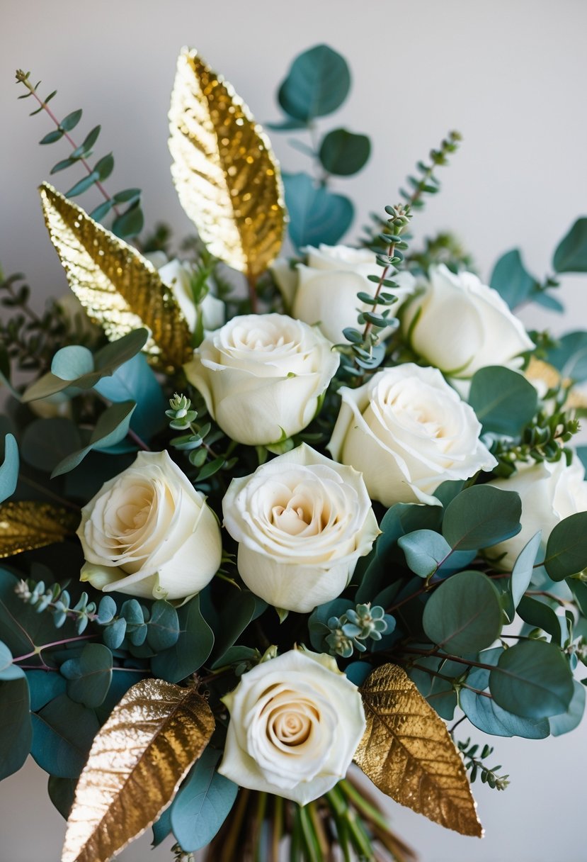 A lush bouquet of white roses and eucalyptus, accented with shimmering gold metallic leaves