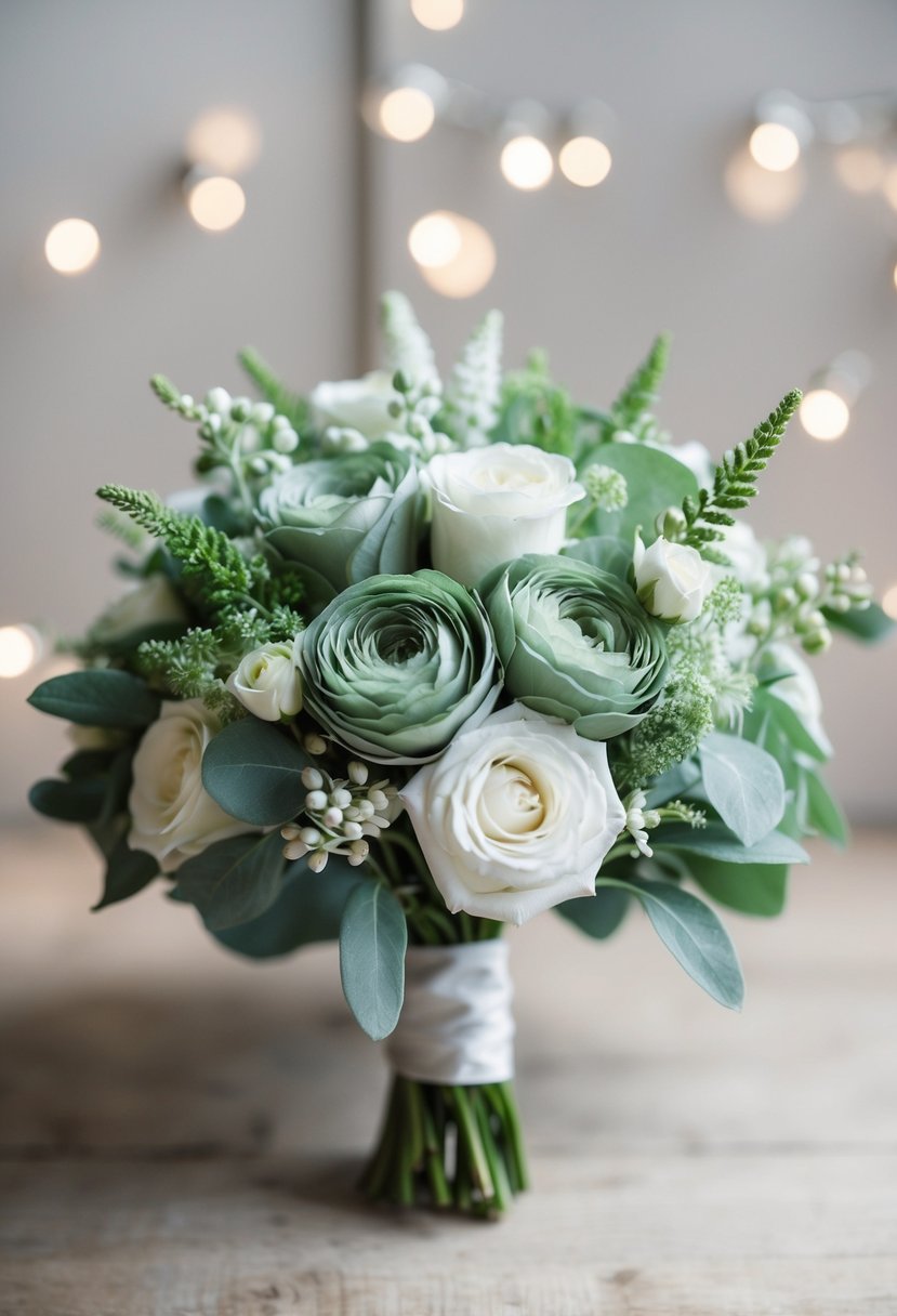 A delicate sage green wedding bouquet with white accents