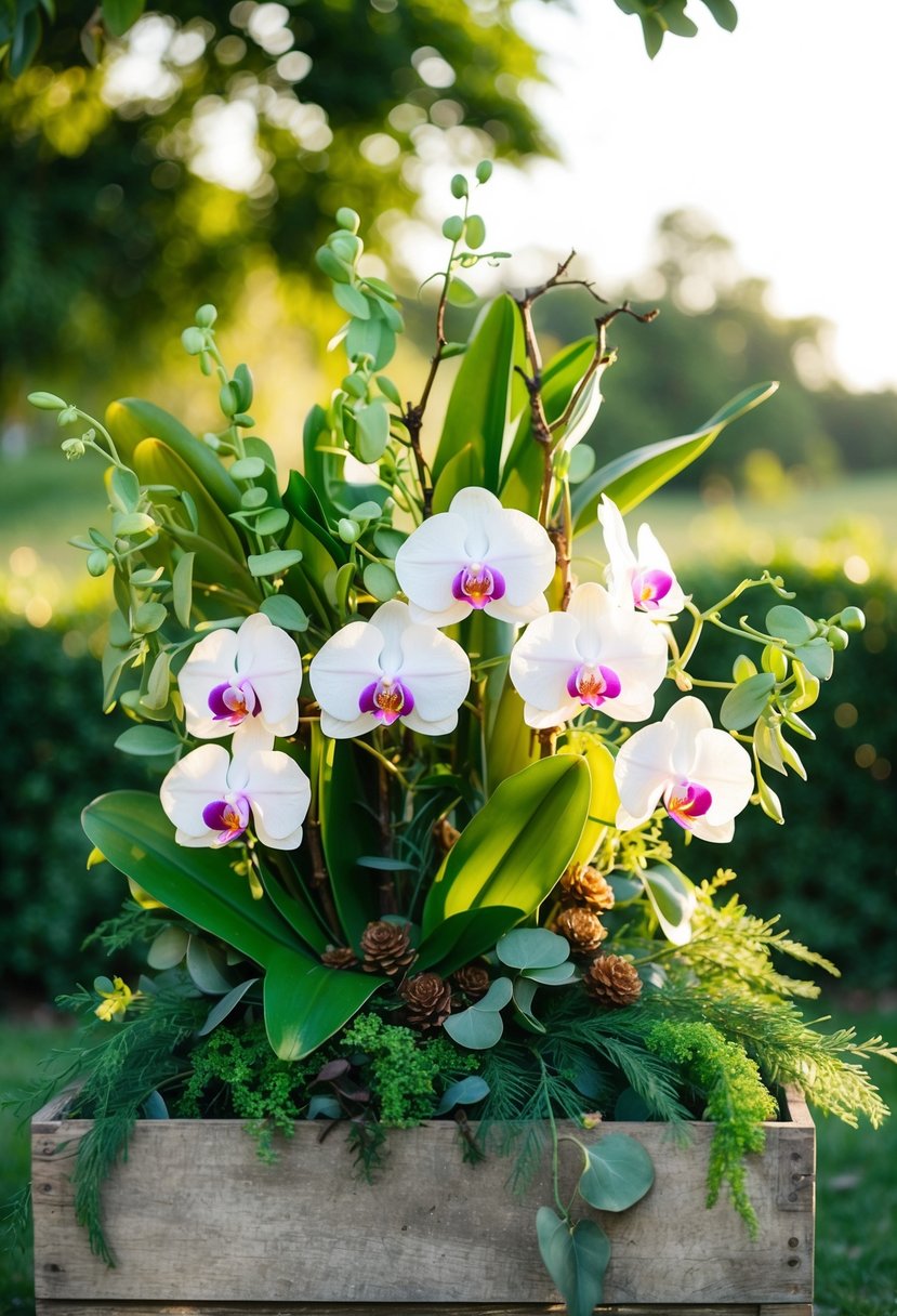 A lush, rustic bouquet of orchids and greenery, nestled in a weathered wooden crate, with soft sunlight filtering through the leaves