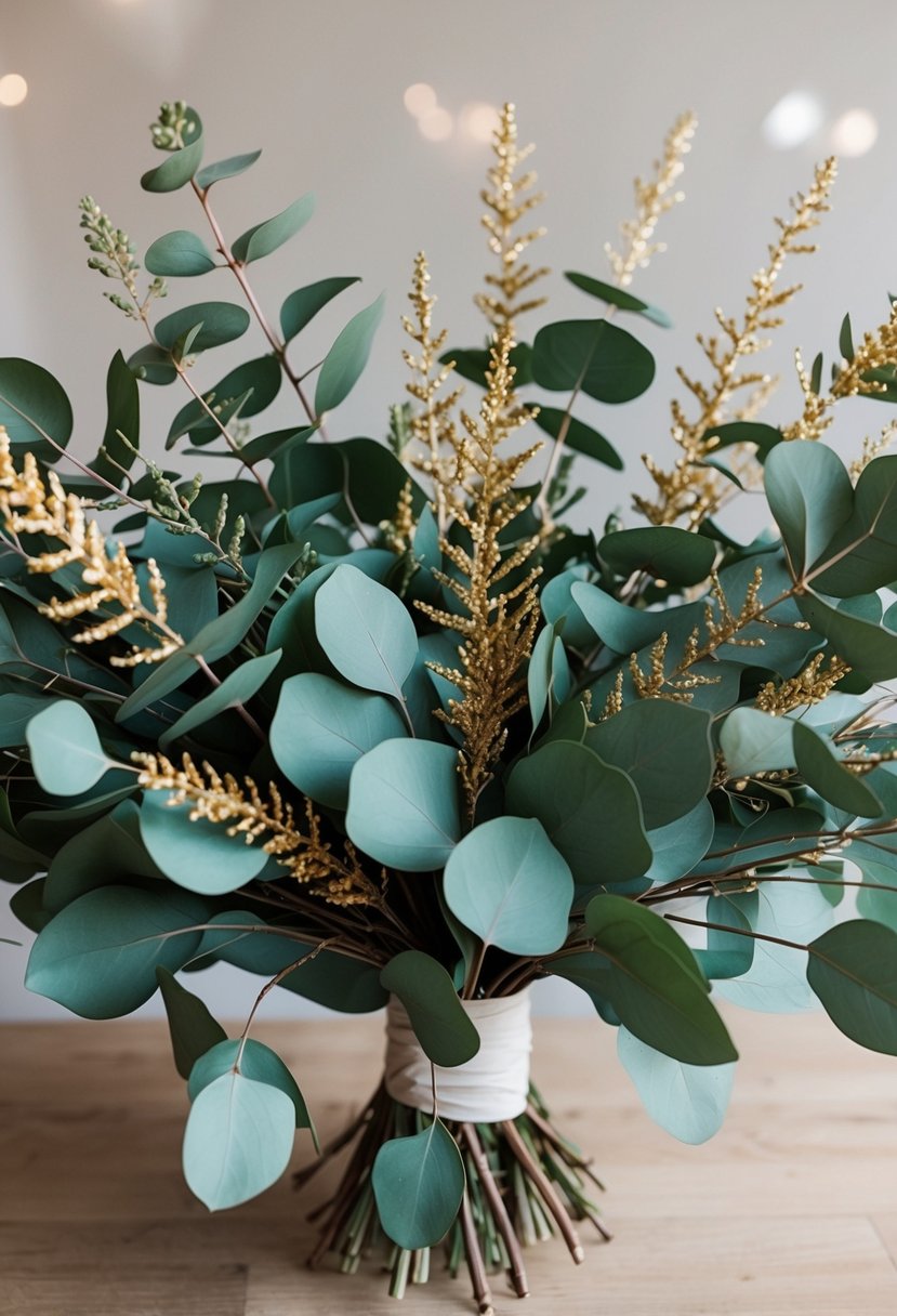 A lush bouquet of eucalyptus branches, each spray-painted gold, arranged in an elegant and modern wedding bouquet