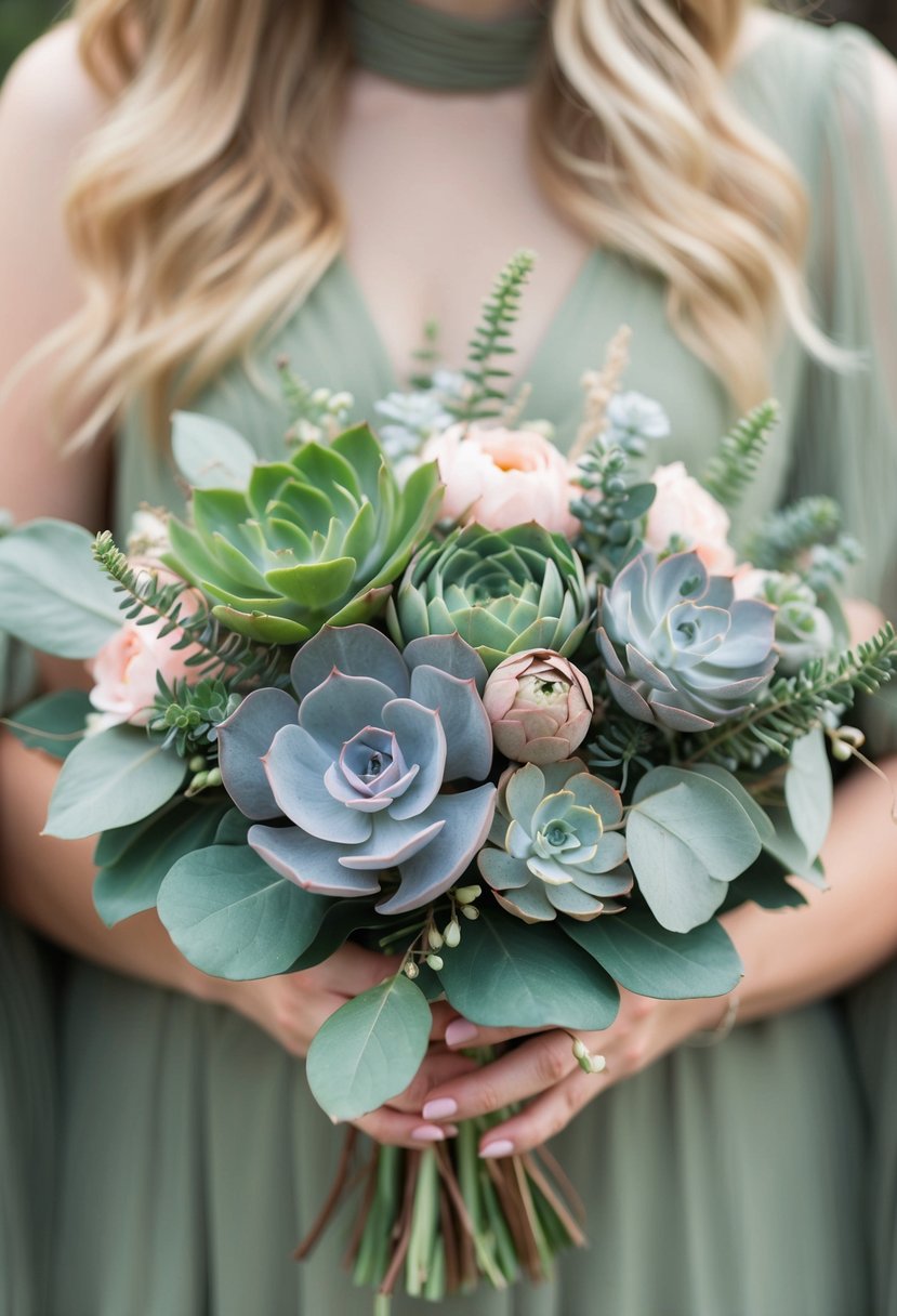 A delicate sage green wedding bouquet with hints of blush pink, featuring eucalyptus, succulents, and soft petals