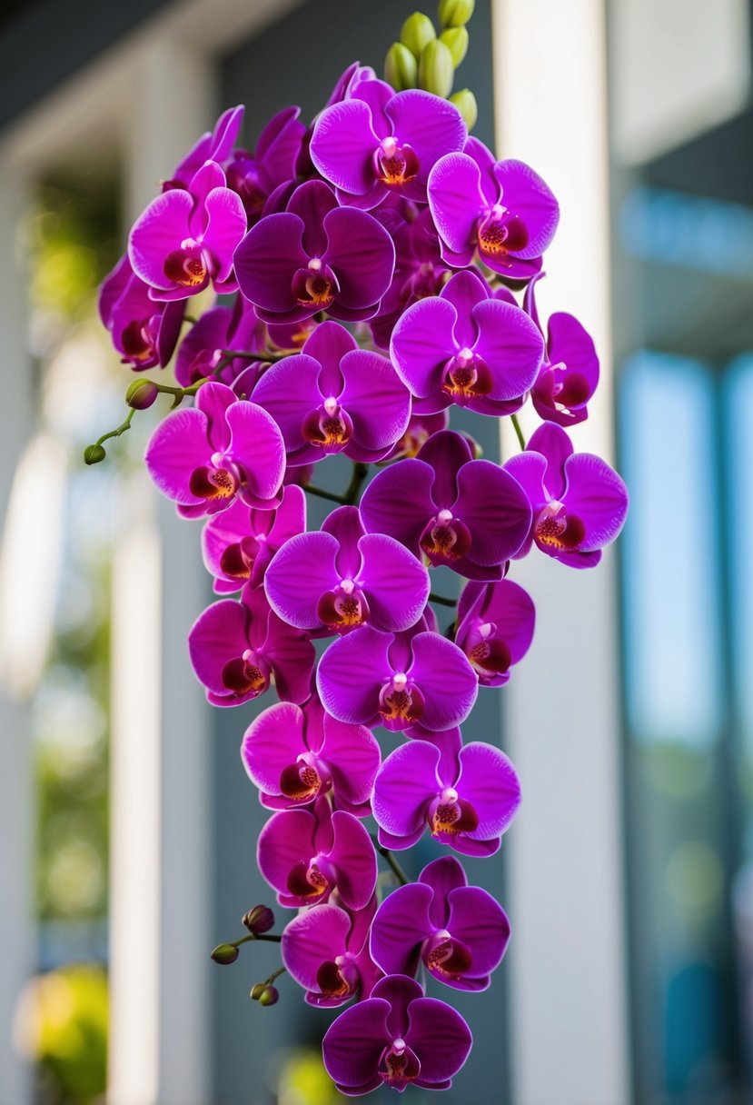 A modern cascading bouquet of vibrant orchids in various shades, arranged in a stylish and elegant manner