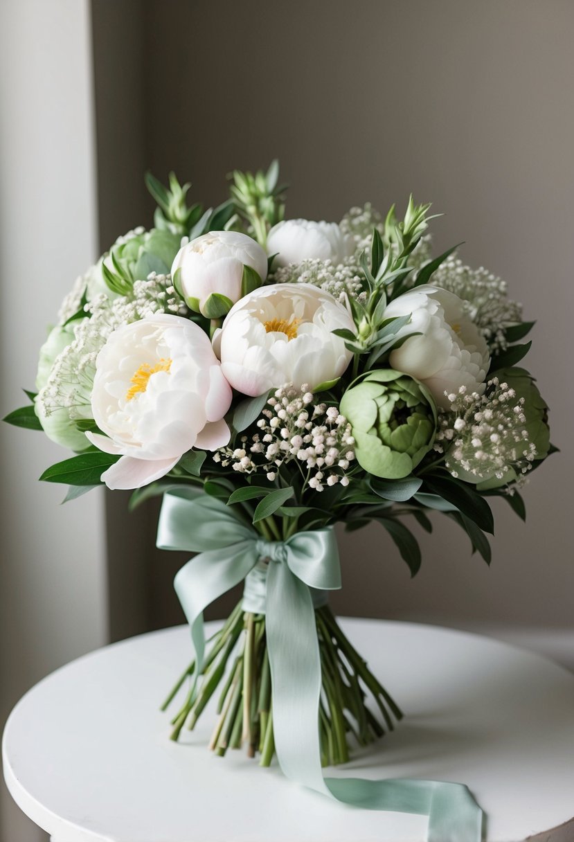 A lush bouquet of peonies and baby's breath in soft sage green hues, tied with a delicate ribbon