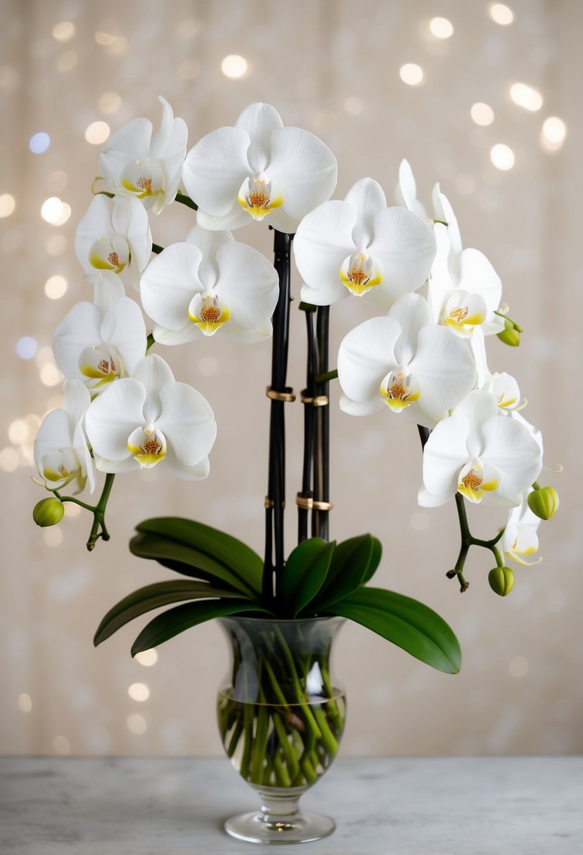 A classic white dendrobium orchid bouquet arranged in a glass vase with a soft, romantic background