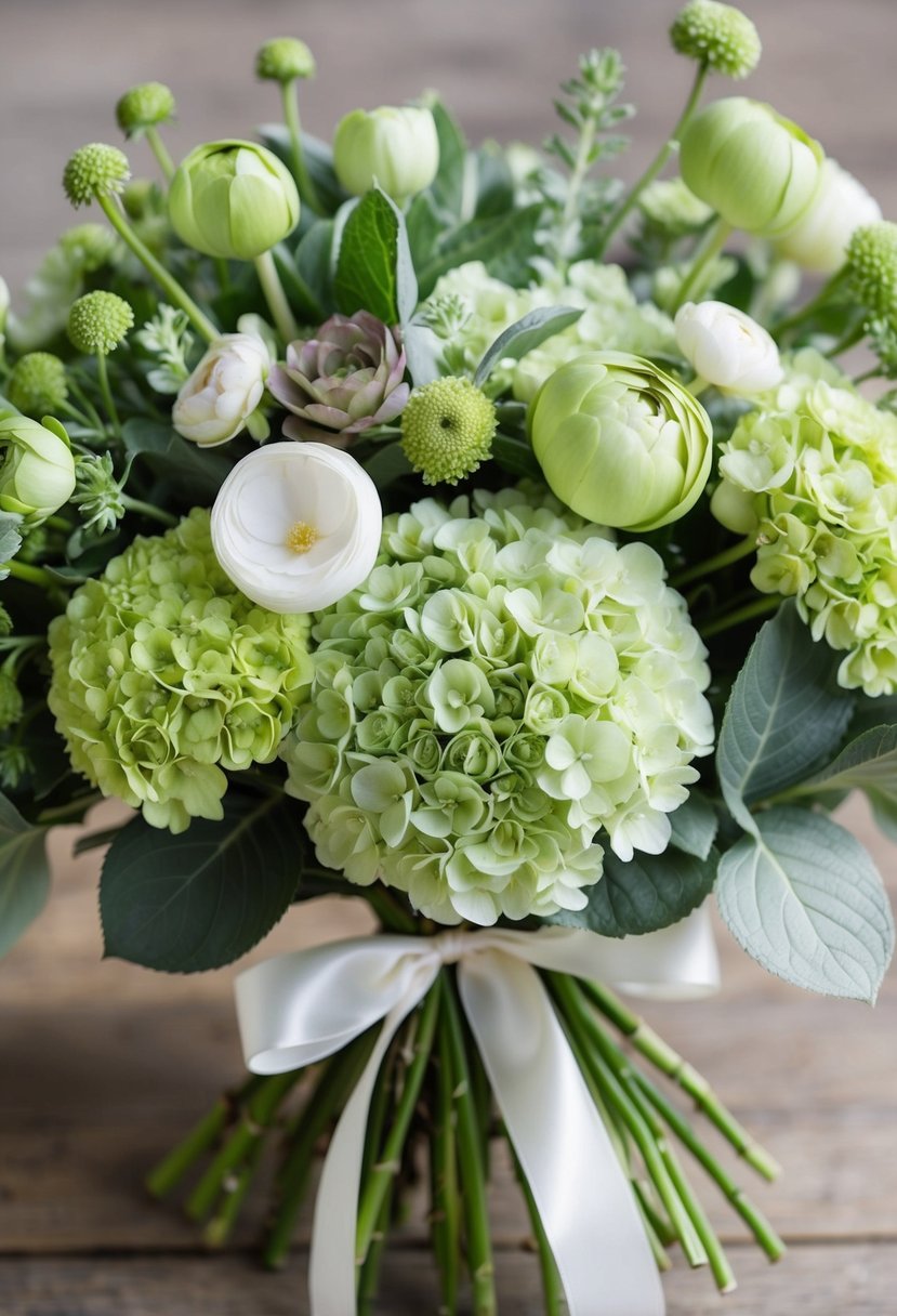 A lush bouquet of sage green ranunculus and hydrangeas, tied with a satin ribbon