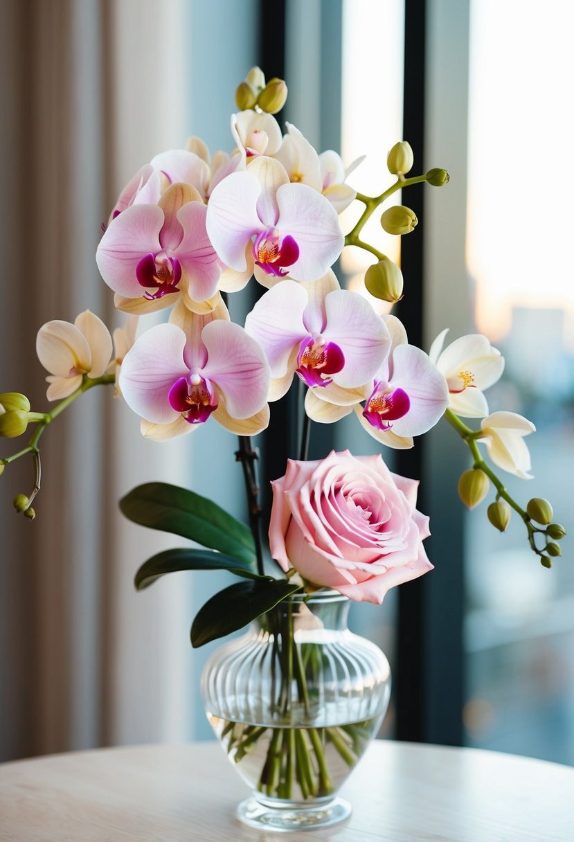 A delicate pastel orchid and pink rose bouquet arranged in a glass vase