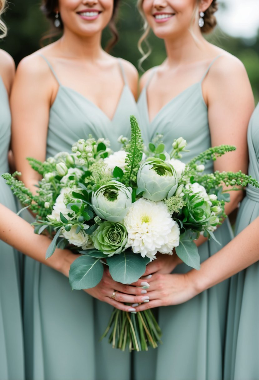 A collection of delicate sage green flowers arranged in a charming bridesmaid's bouquet