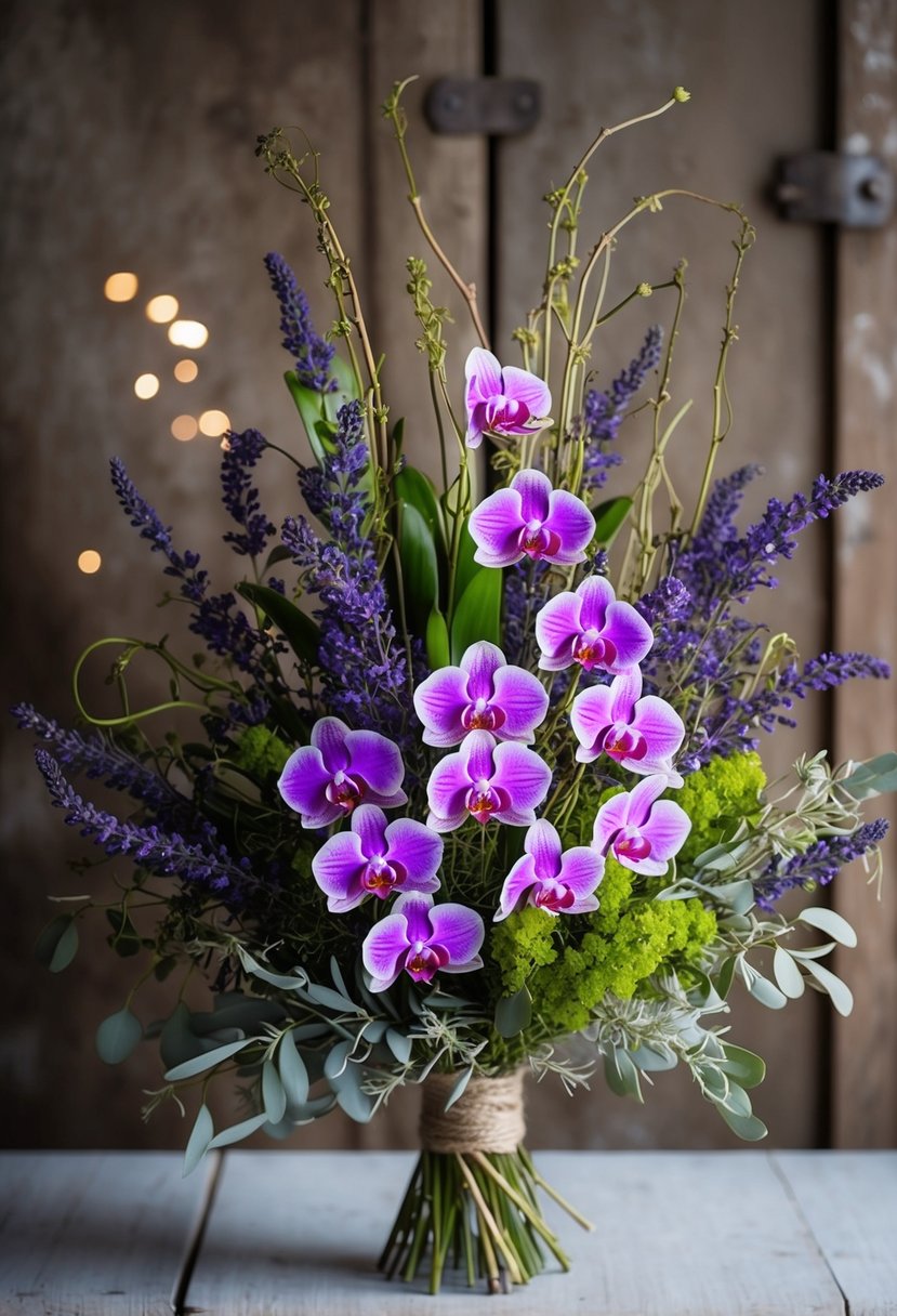 A vibrant bouquet of wild orchids and lavender, intertwined with delicate greenery, set against a rustic backdrop