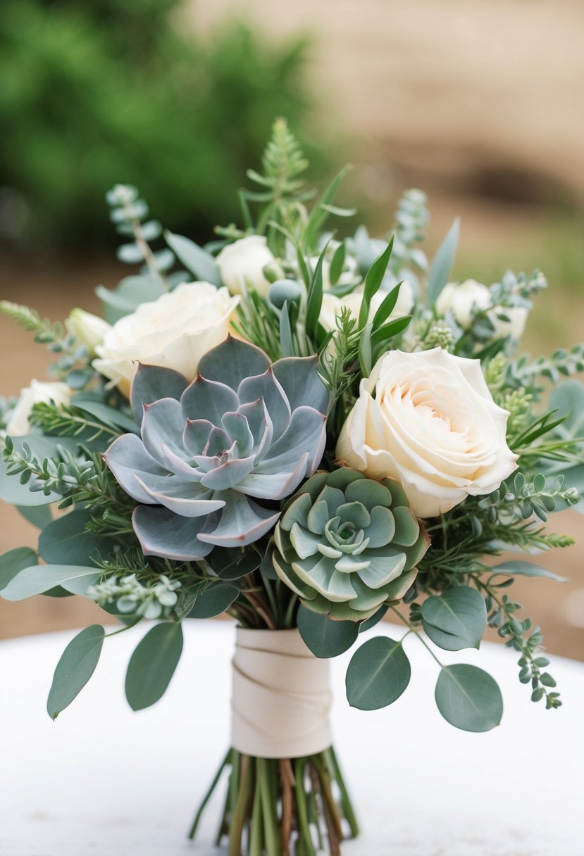 A delicate sage green wedding bouquet with eucalyptus, succulents, and ivory roses