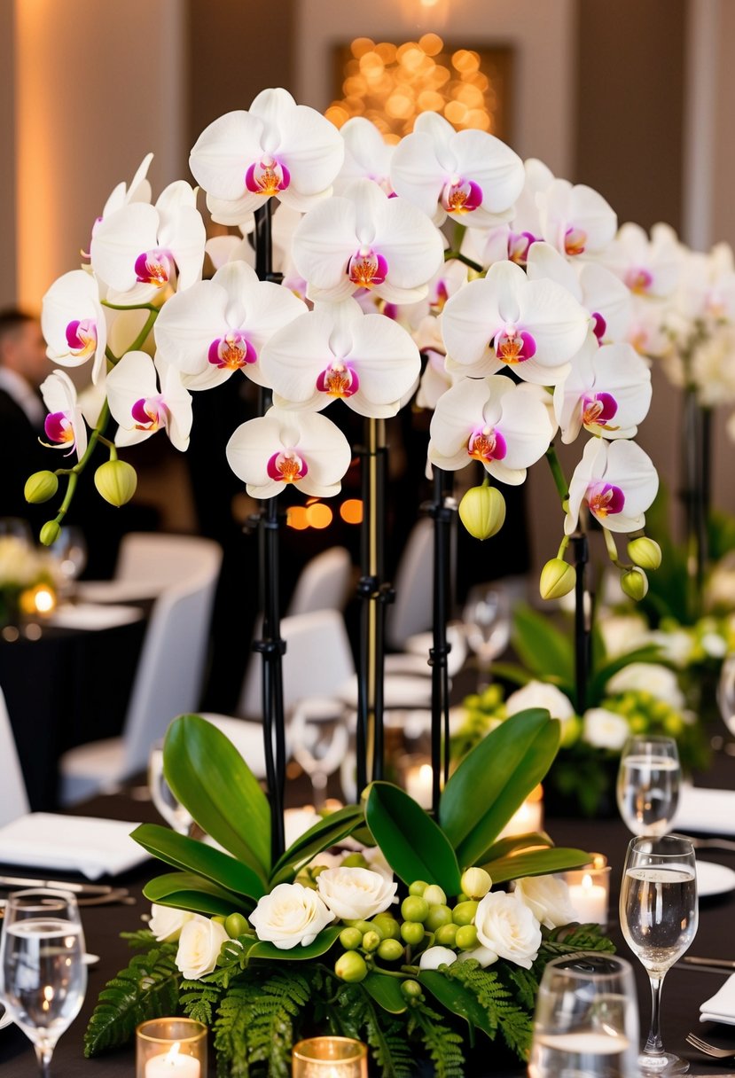 A grand display of elegant orchids arranged in a black-tie setting