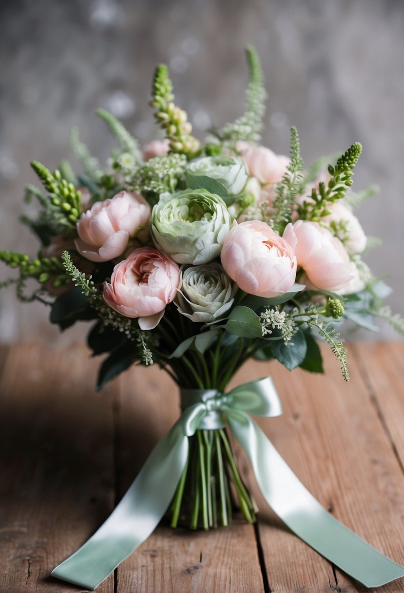 A delicate bouquet of soft pink and sage green flowers, tied with a satin ribbon, rests on a rustic wooden table