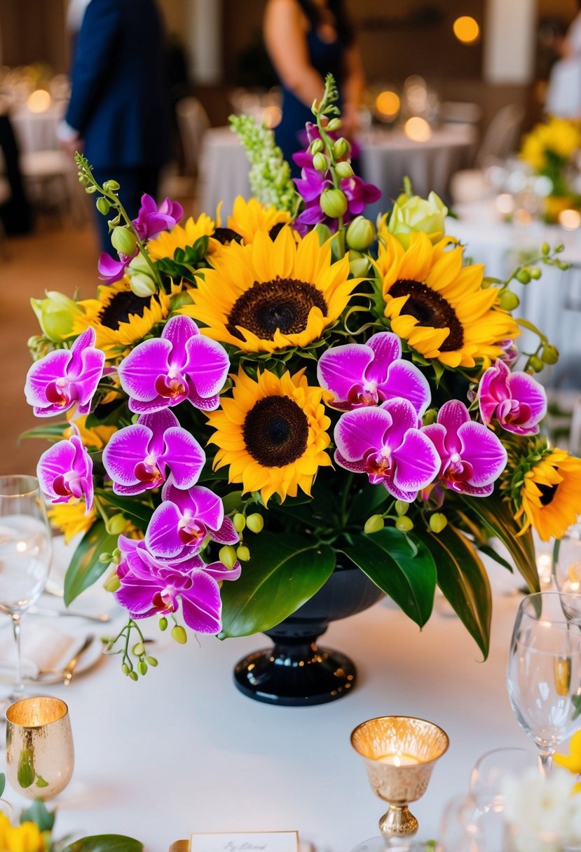 A colorful bouquet of vibrant orchids and sunflowers arranged in a stunning wedding centerpiece