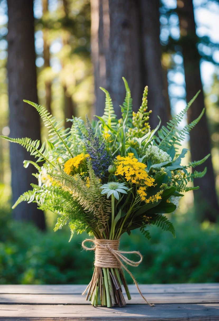 A rustic bouquet of wildflowers, ferns, and greenery tied with twine, set against a backdrop of towering trees and dappled sunlight