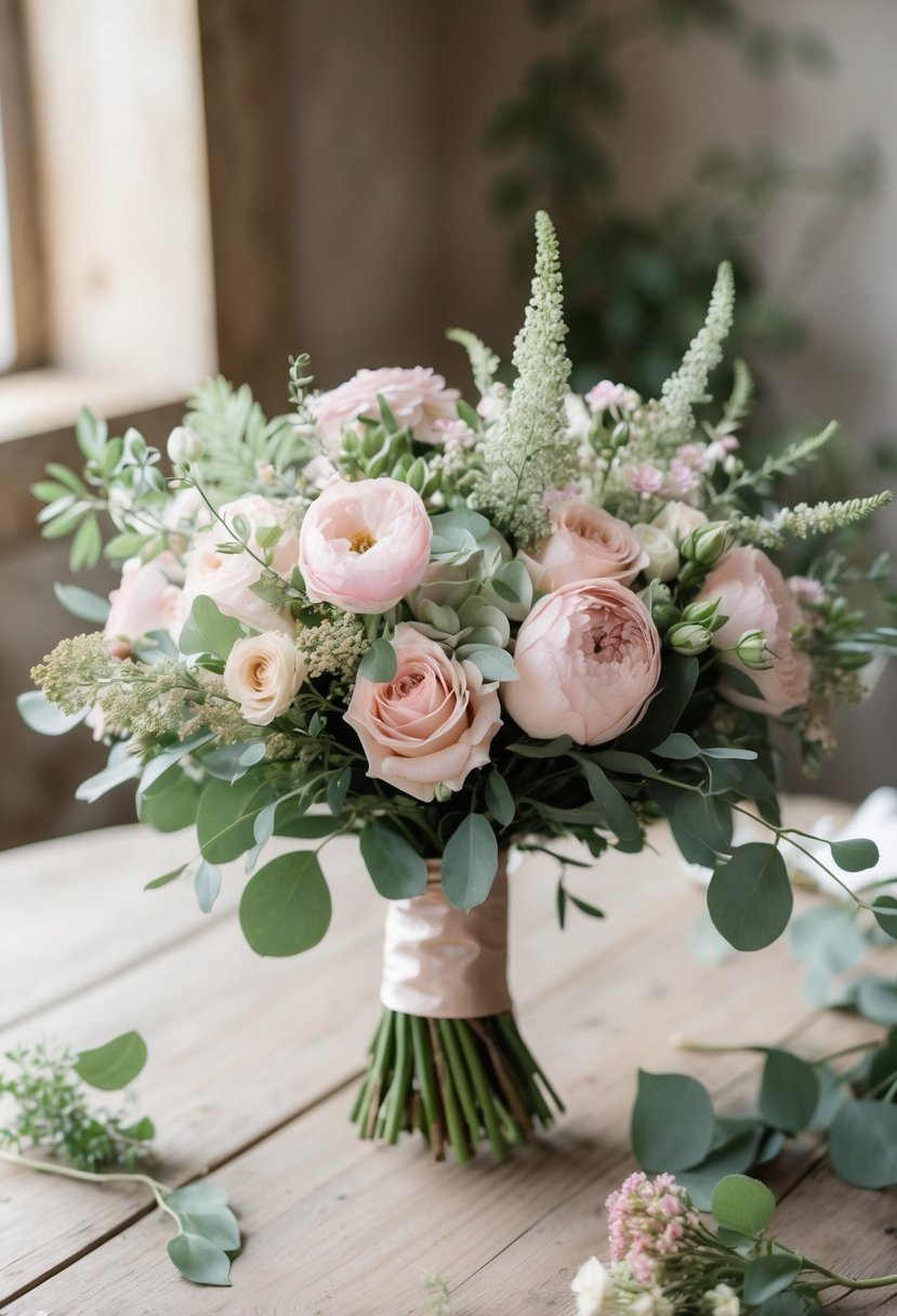 A soft pink and sage green wedding bouquet sits on a rustic wooden table, surrounded by delicate greenery and pastel blooms