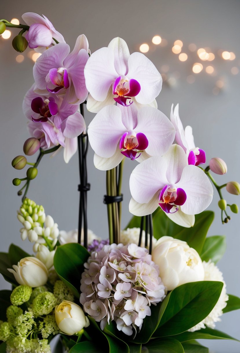 A lush bouquet of chic orchids, peonies, and hydrangeas in a delicate arrangement