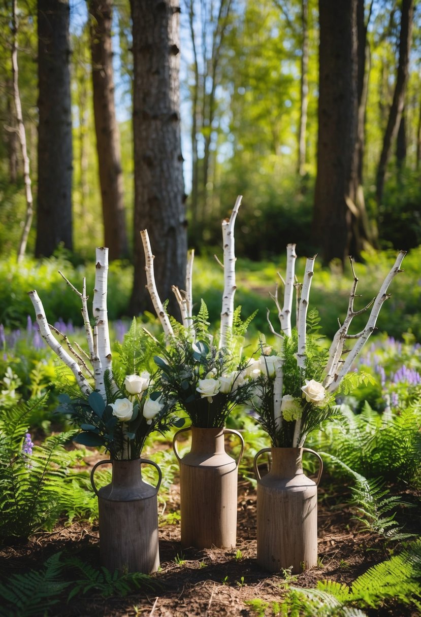 A woodland clearing with birch branch bouquets arranged in rustic vases, surrounded by ferns and wildflowers. Sunlight filters through the trees, casting dappled shadows on the forest floor