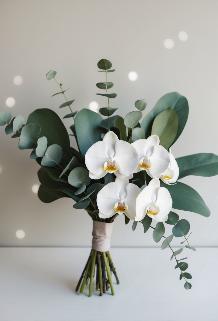 A simple, elegant bouquet of white orchids and eucalyptus leaves arranged in a minimalist style