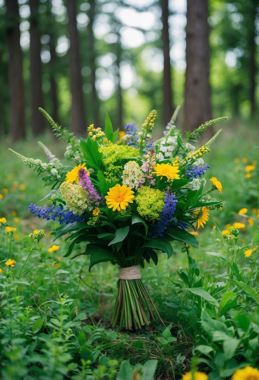 A vibrant bouquet of wildflowers and lush greenery, nestled in a forest clearing