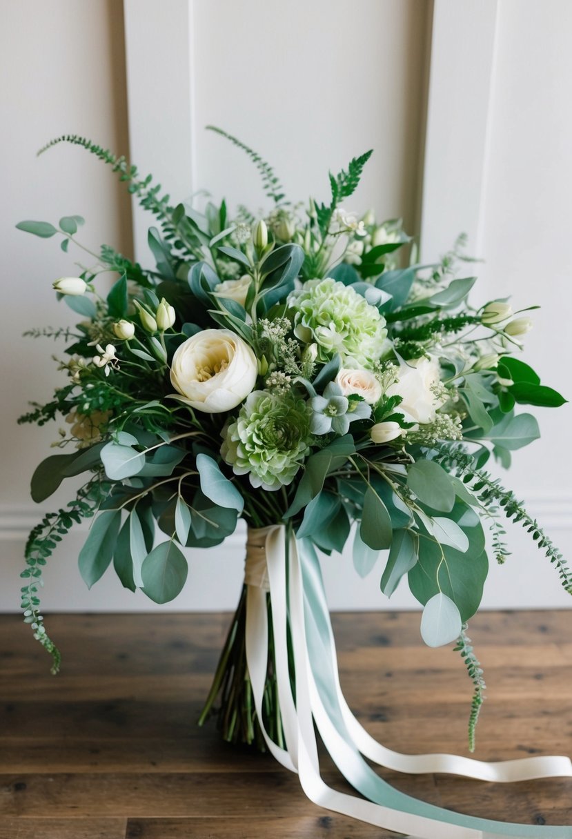 A lush wedding bouquet featuring sage green foliage and delicate blooms, arranged in a loose, organic style with trailing ribbons