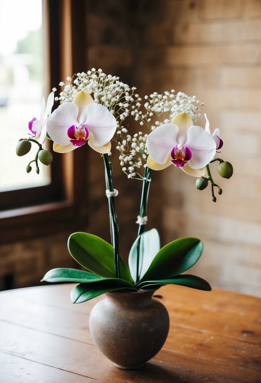 A delicate bouquet of two traditional orchids and baby's breath, arranged in a rustic vase on a wooden table