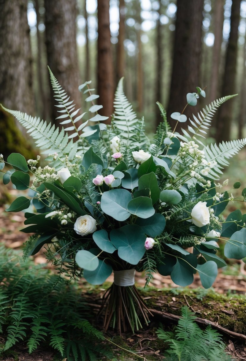 A lush bouquet of eucalyptus and ferns, accented with delicate flowers, nestled in a woodland setting