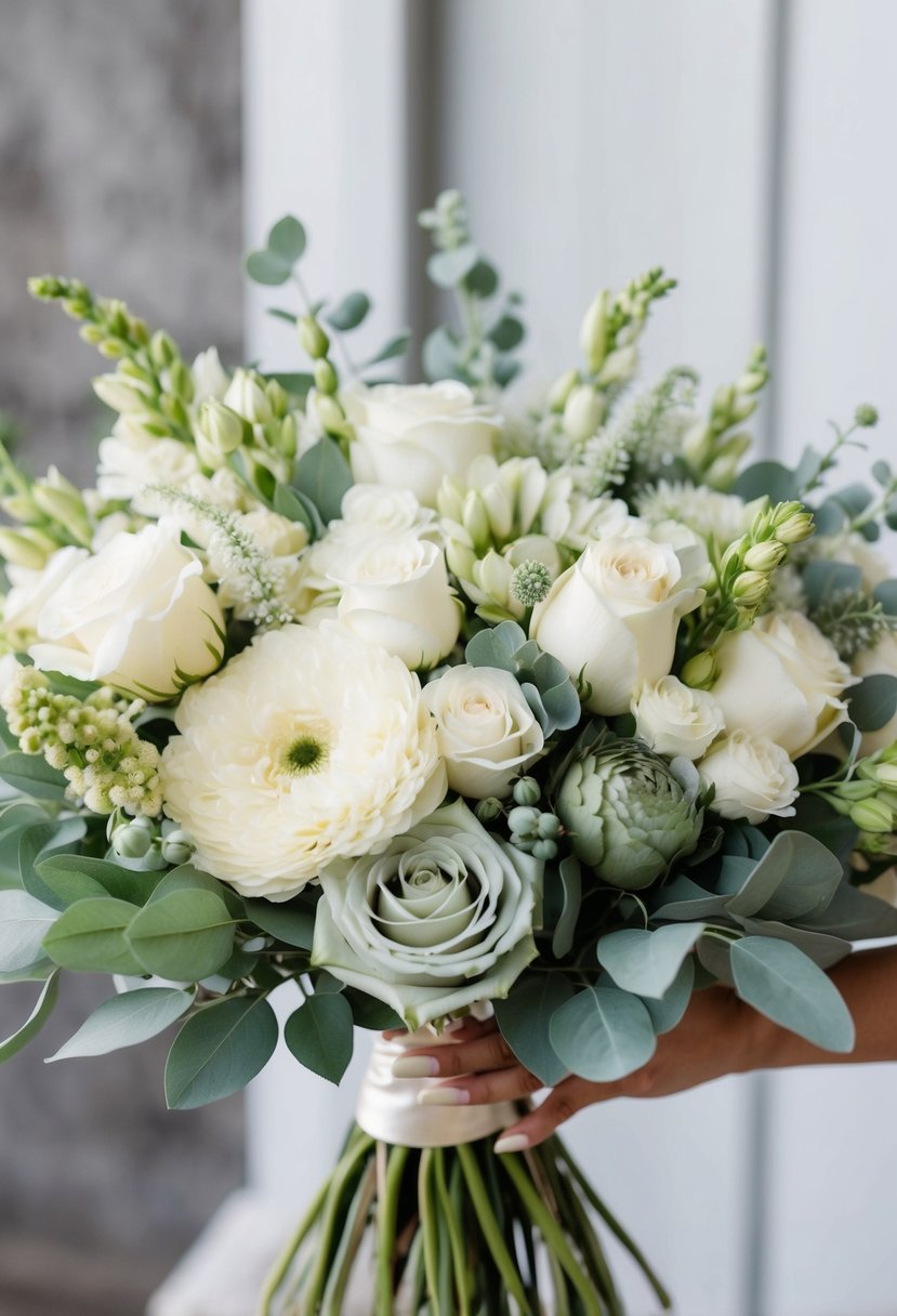 A bouquet of ivory and sage green flowers, with unique and elegant touches, arranged in a stunning wedding bouquet