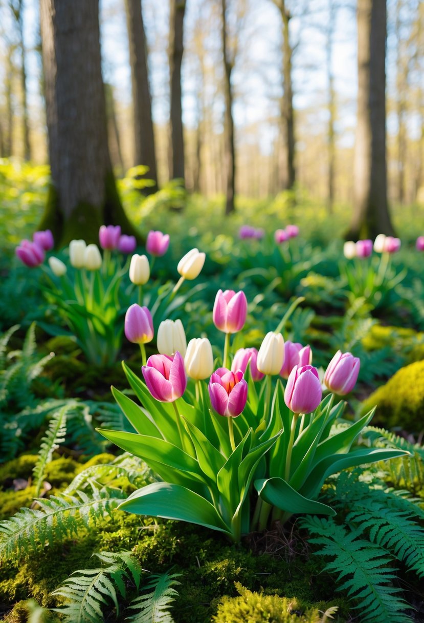 A lush bouquet of woodland tulips and lilies nestled among ferns and moss in a sun-dappled forest clearing