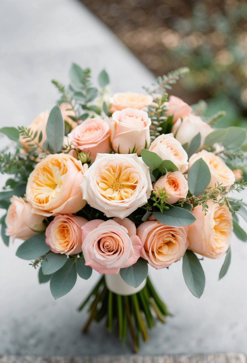 A delicate bouquet of peach and blush roses, mixed with sage green foliage, arranged in a charming and elegant wedding bouquet