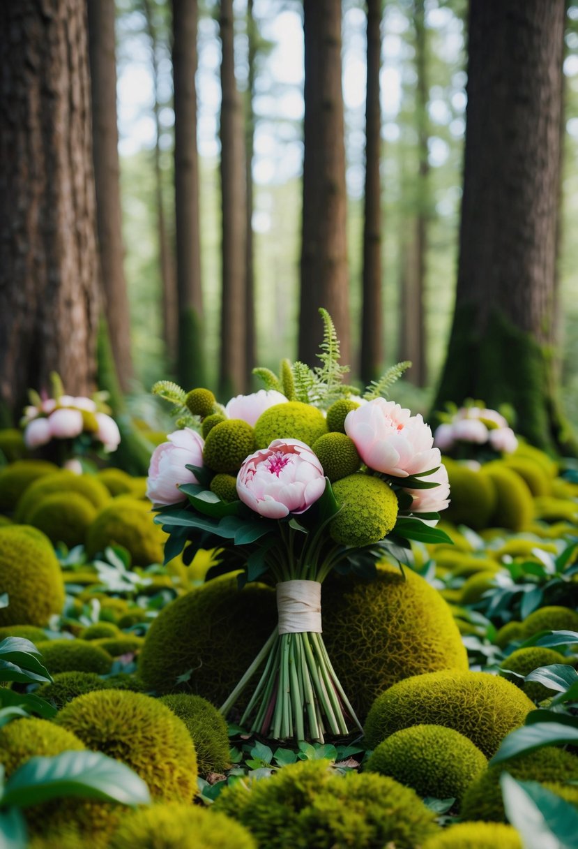 A lush forest floor with vibrant moss and peony bundles scattered among the trees, creating a dreamy wedding bouquet inspiration