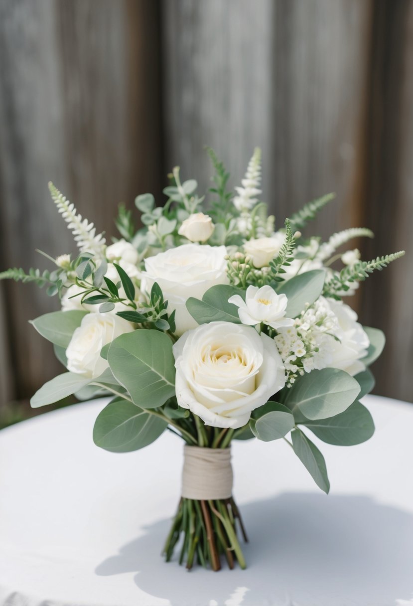 A simple sage and white wedding bouquet with delicate greenery and soft blooms