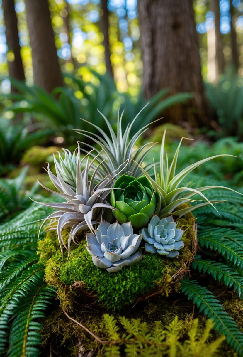 A lush bouquet of air plants and succulents nestled among ferns and moss. A woodland setting with dappled sunlight filtering through the trees