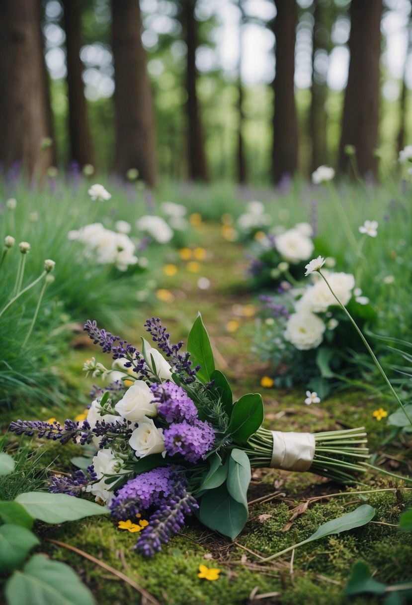 A lush forest floor with wildflowers and lavender, scattered in a posy-style wedding bouquet