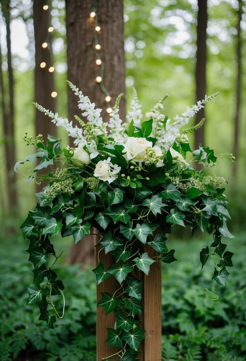 An ivy garland wraps around a lush forest bouquet, adorned with delicate white flowers and shimmering fairy lights