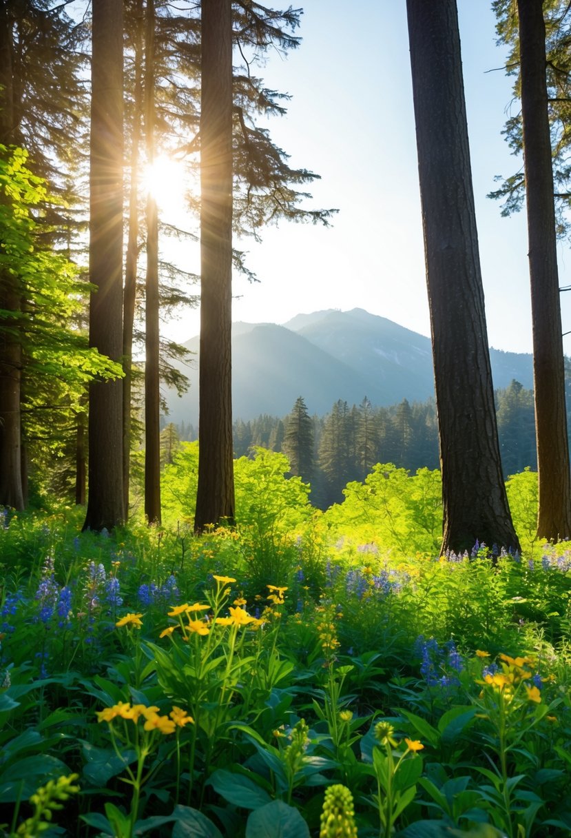 A lush forest clearing with sunlight filtering through tall trees, showcasing a vibrant array of wildflowers and foliage, with a serene mountain backdrop