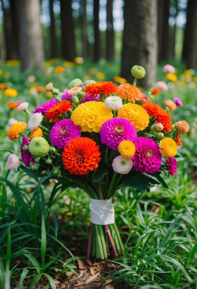 A lush forest clearing with a profusion of colorful zinnias and ranunculus, arranged in a charming wedding bouquet