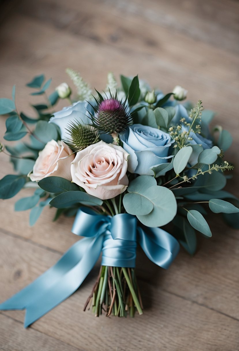 A dusty blue wedding bouquet with delicate roses, eucalyptus, and thistle tied with a silk ribbon