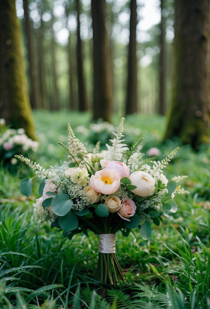 A lush forest clearing with soft pastel blooms and dew-kissed foliage gathered in a delicate wedding bouquet