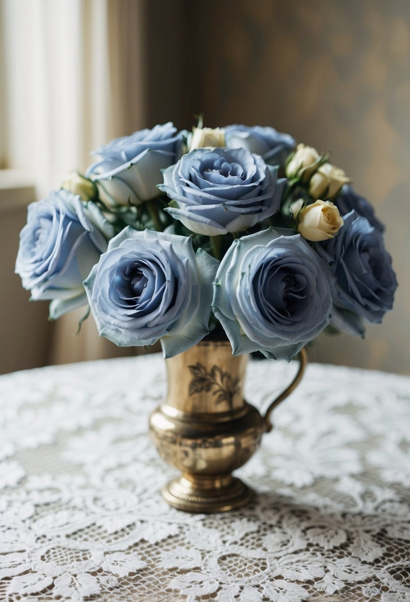 A bouquet of dusty blue roses with ivory accents sits in a vintage vase on a lace-covered table