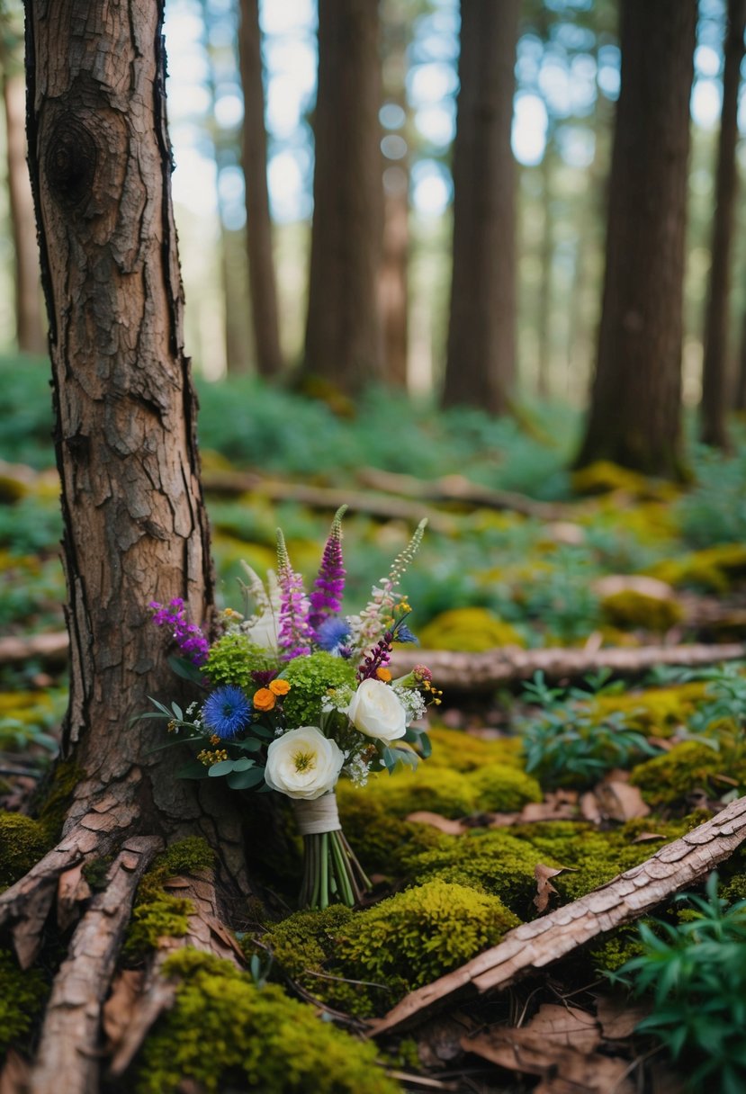 A whimsical forest floor with colorful tree bark, moss, and wildflowers, perfect for a woodland wedding bouquet