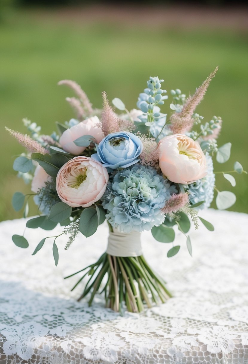 A delicate bouquet of pale blue and blush pink flowers, accented with dusty greenery, sits on a white lace tablecloth